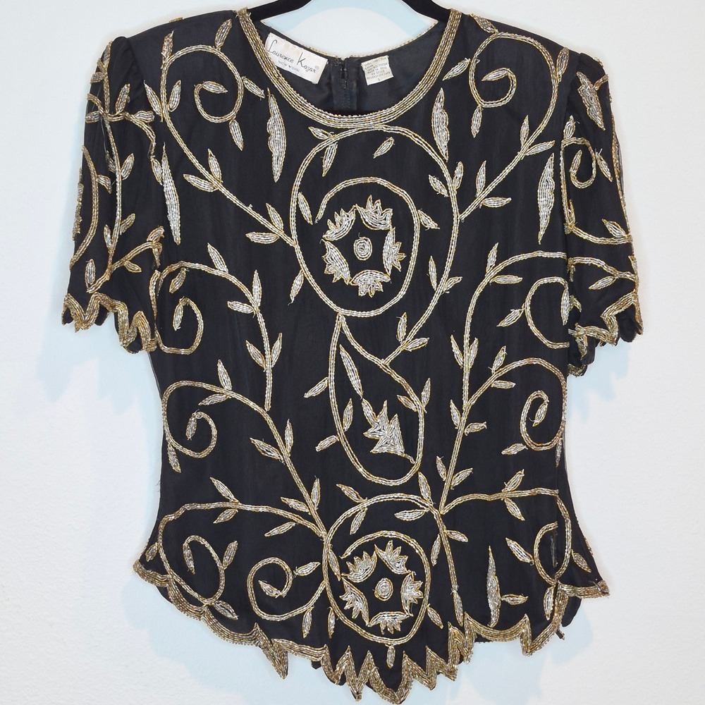 Vintage Beaded Silk Laurence Kazar Evening Top Gold Glam Maximalist Costume Sz L
